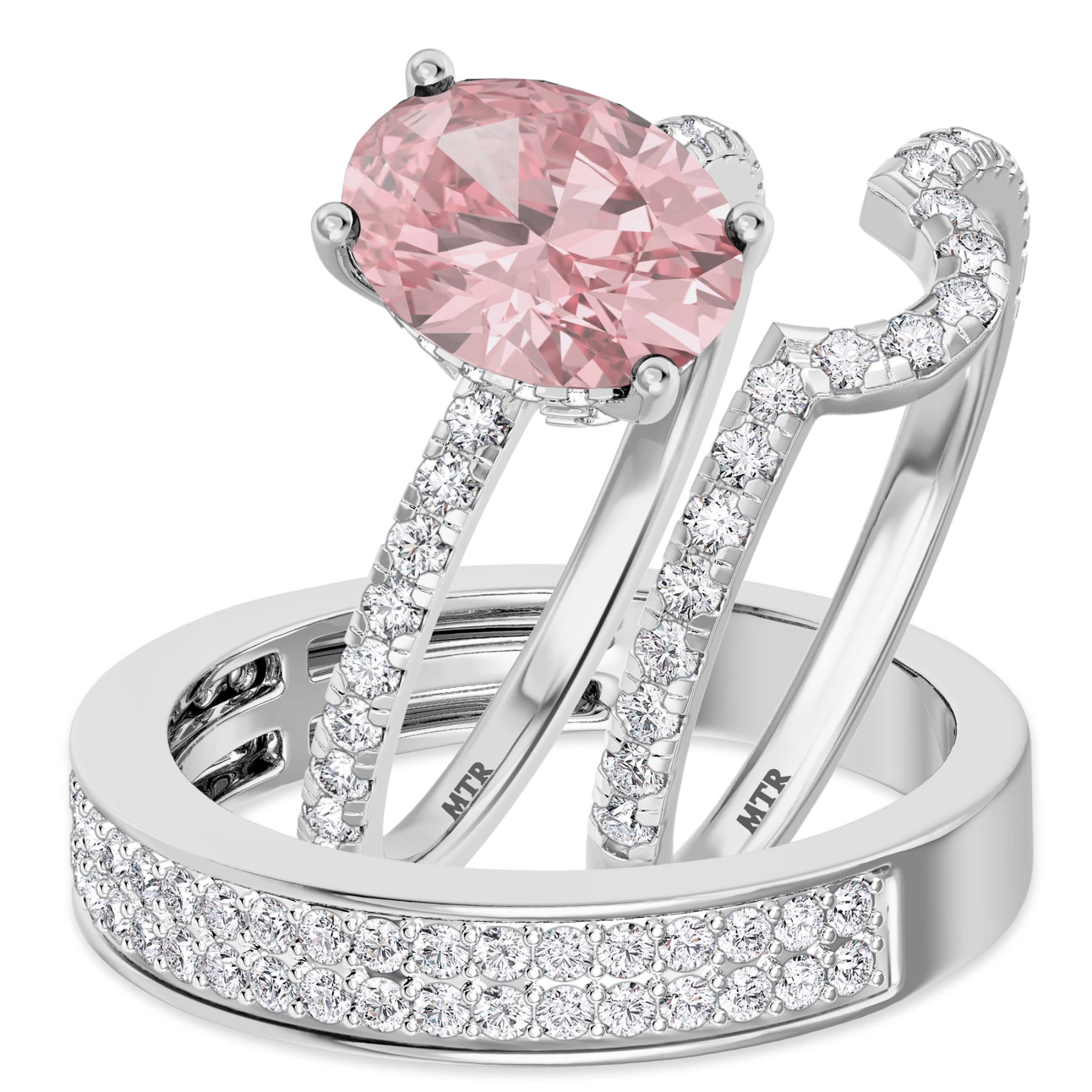 Zorya 3 CT. T.W. Morganite and Diamond Matching Wedding Trio Set 14K White Gold Vermeil - view 1
