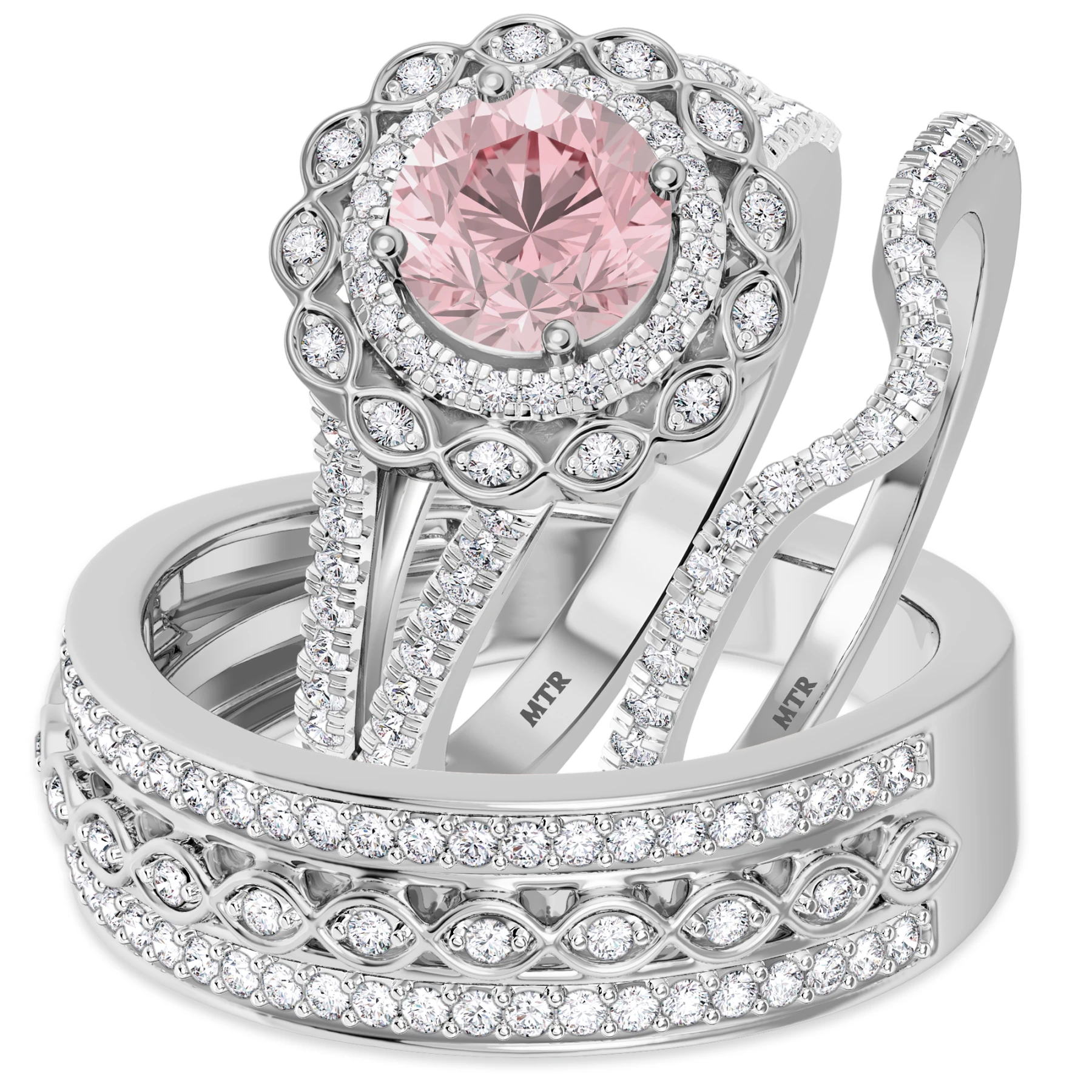 Pembe 1 7/8 Carat T.W. Morganite and Diamond Matching Wedding Trio Set Vermeil