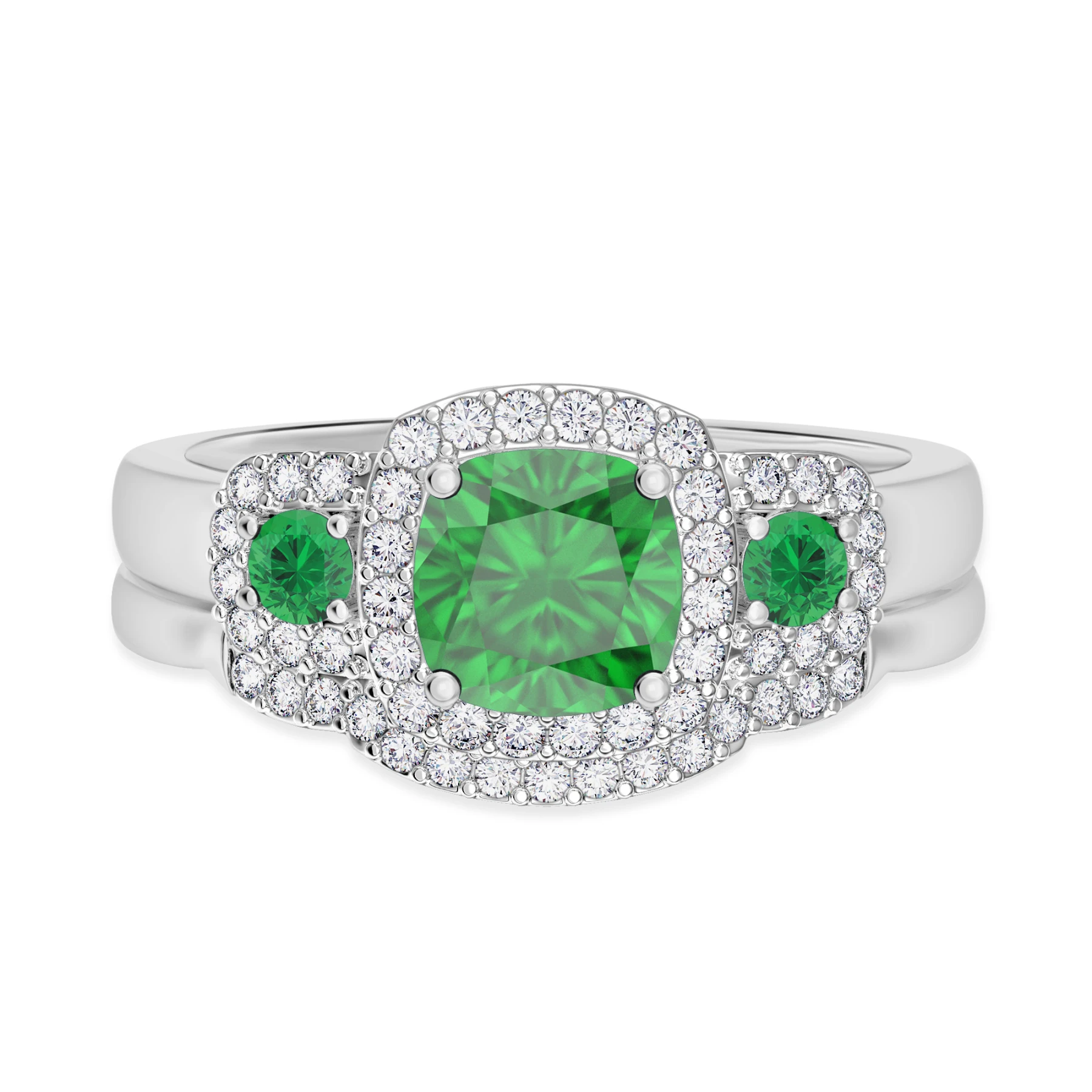 Kalina 1 1/3 CT. T.W. Emerald and Diamond Matching Bridal Set 14K White Gold