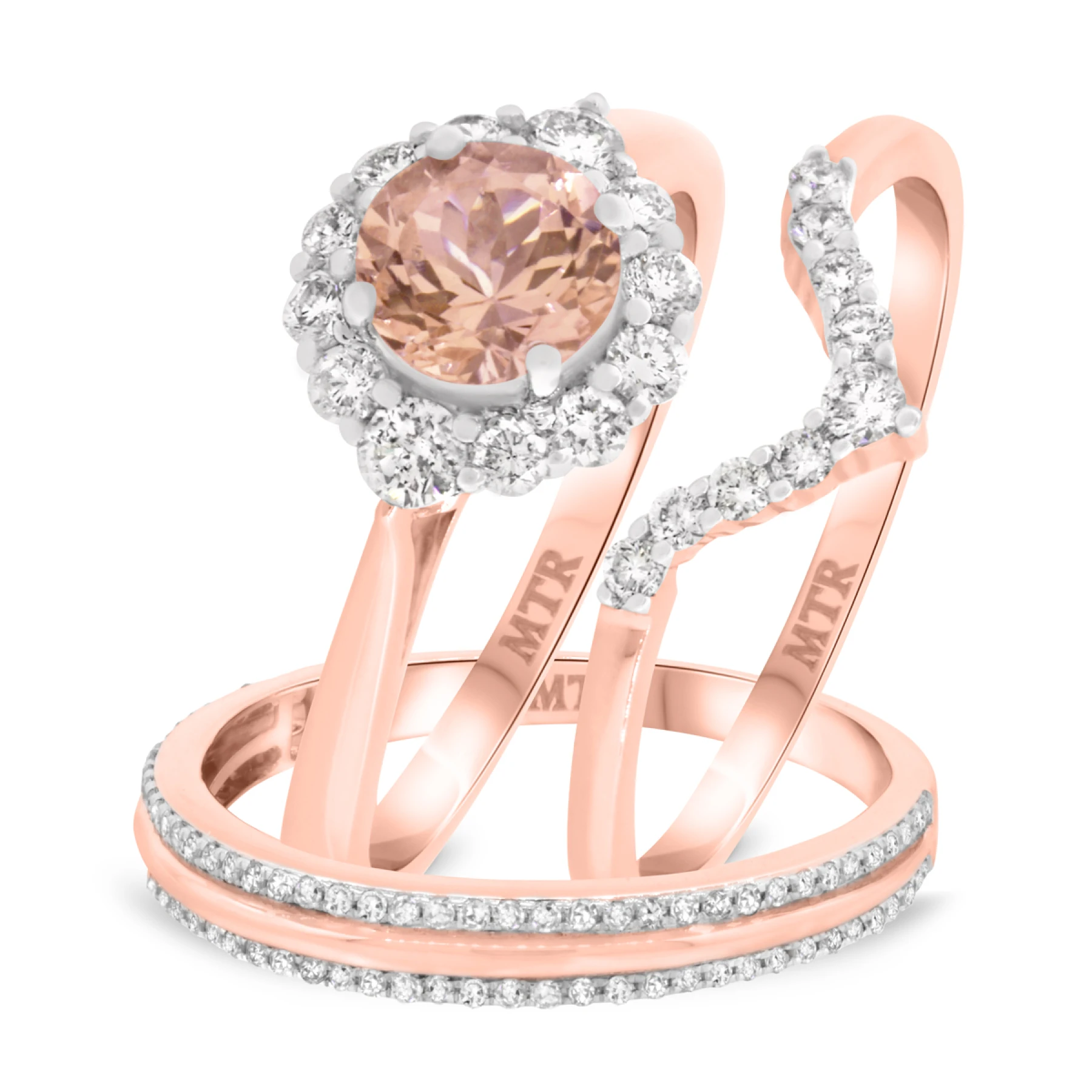 Rouge 1 1/2 CT. T.W. Morganite and Diamond Trio Matching Wedding Ring Set