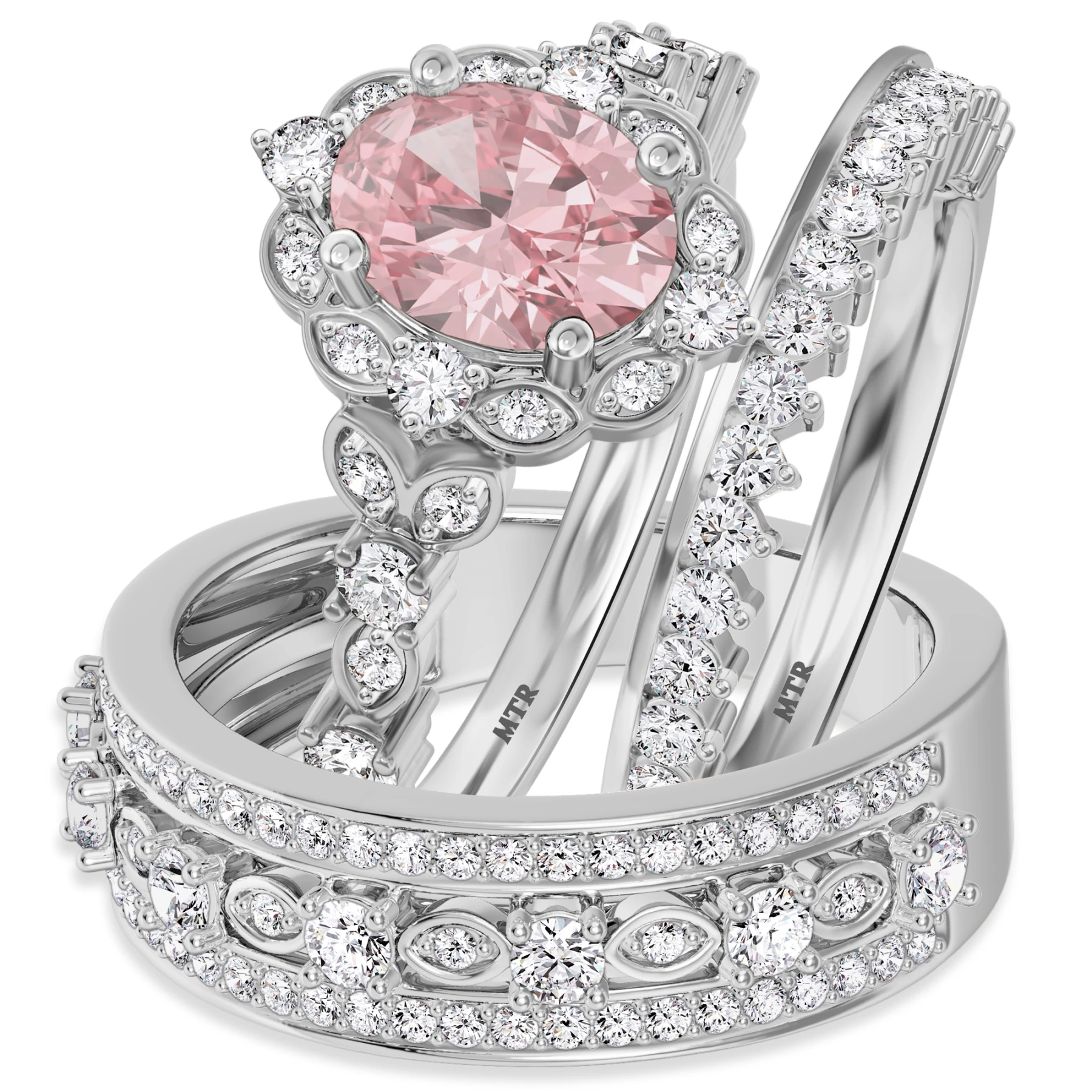 Bria 2 7/8 Carat T.W. Morganite and Diamond Matching Wedding Trio Set Vermeil