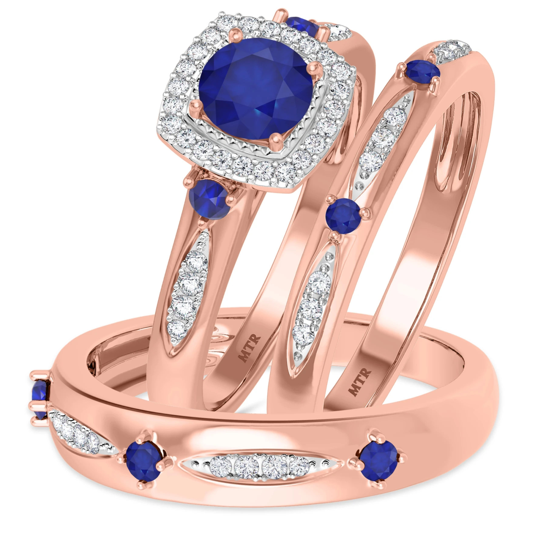 Mawar 1 1/7 Carat T.W. Sapphire and Diamond Trio Matching Wedding Ring Set - view 1