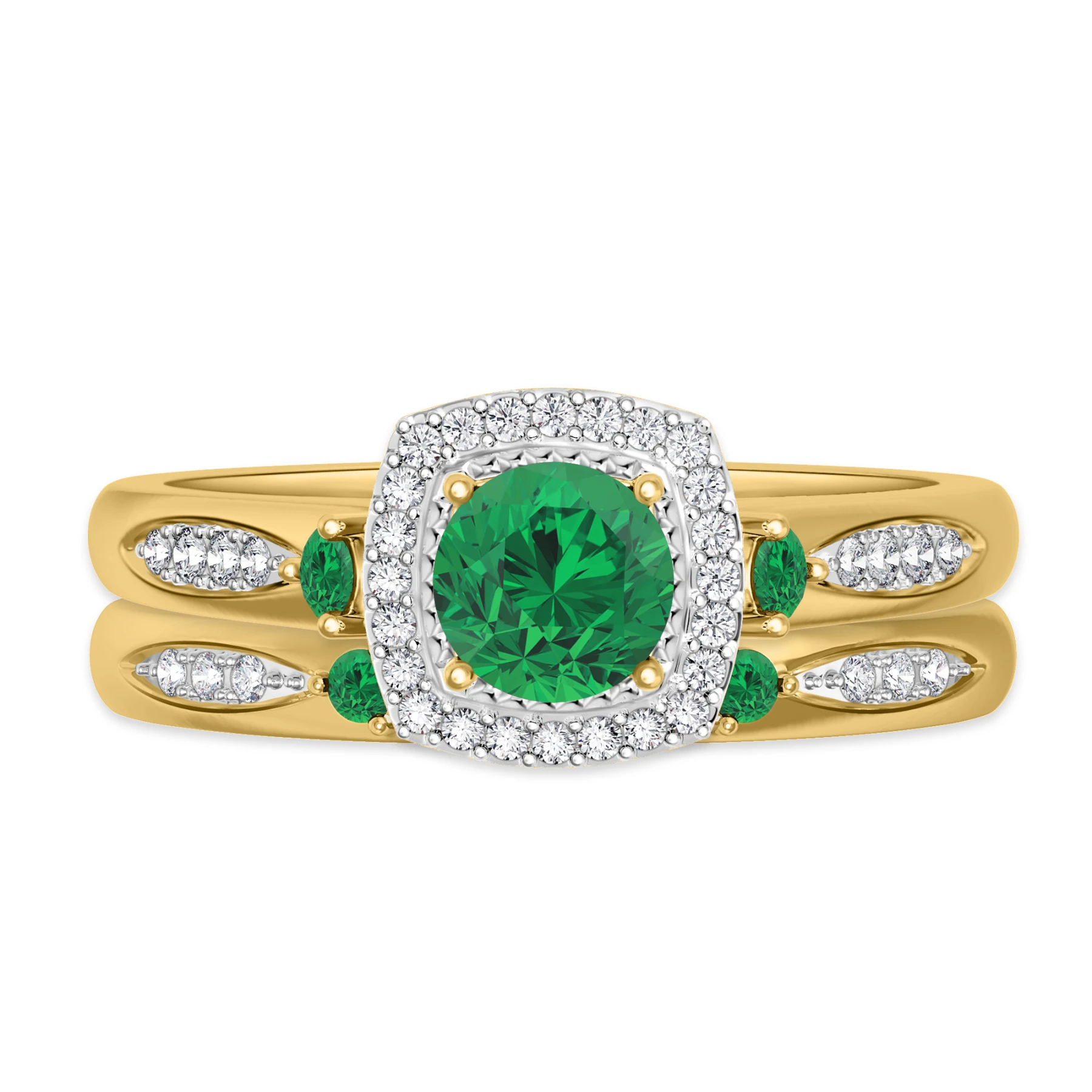 Mawar 1 CT. T.W. Emerald and Diamond Matching Bridal Set 14K Yellow Gold Vermeil