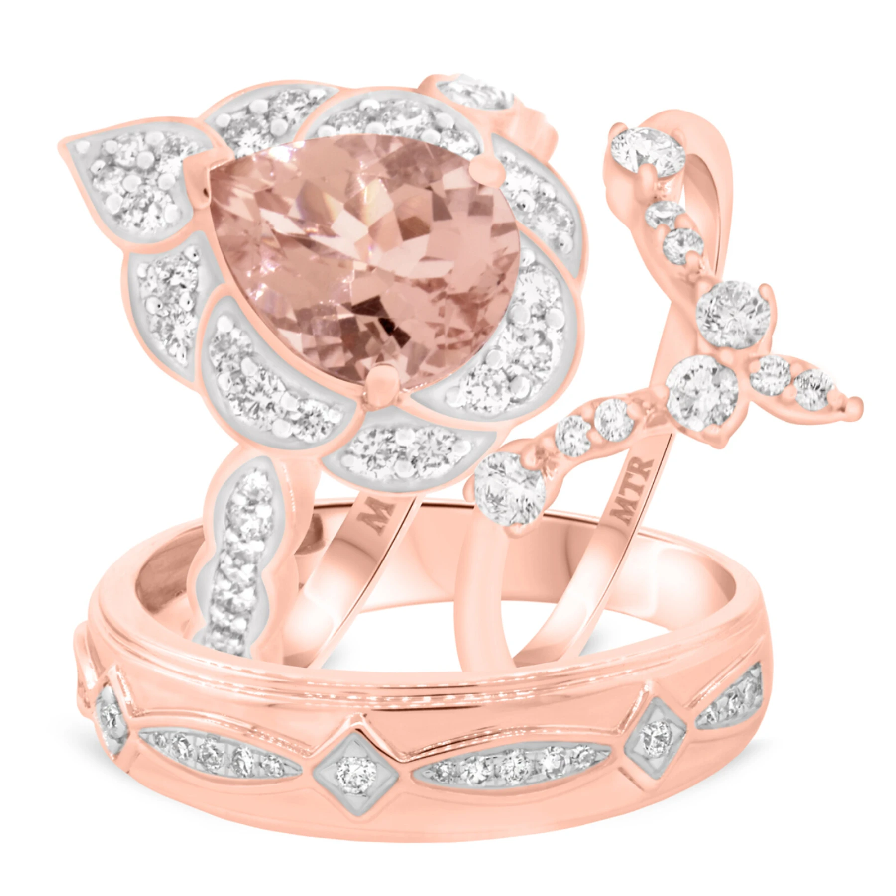 Petal 2 3/4 Carat T.W. Morganite and Diamond Trio Matching Wedding Ring Set