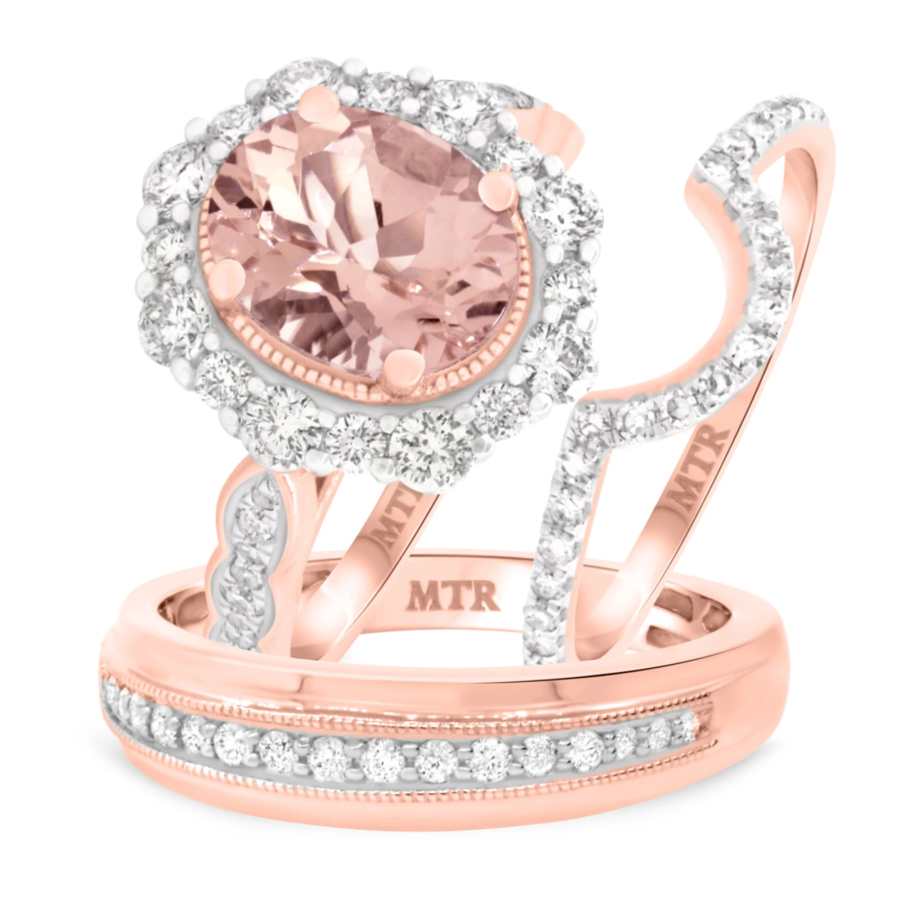 Peony 3 1/2 CT. T.W. Morganite and Diamond Trio Matching Wedding Ring Set