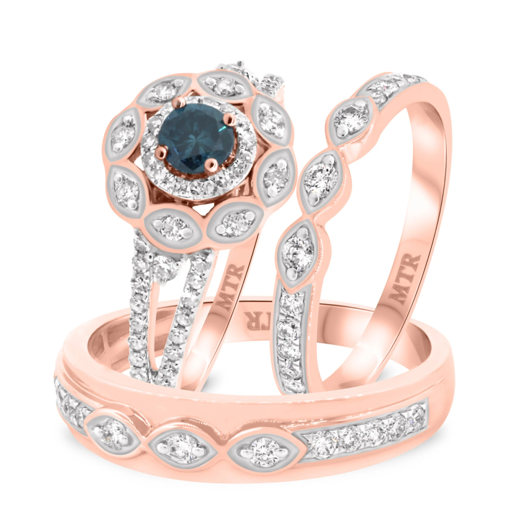 Khadija 1 7/8 ct tw. Blue Diamond Round Solitaire Trio Set 10K Rose Solid Gold - view 1