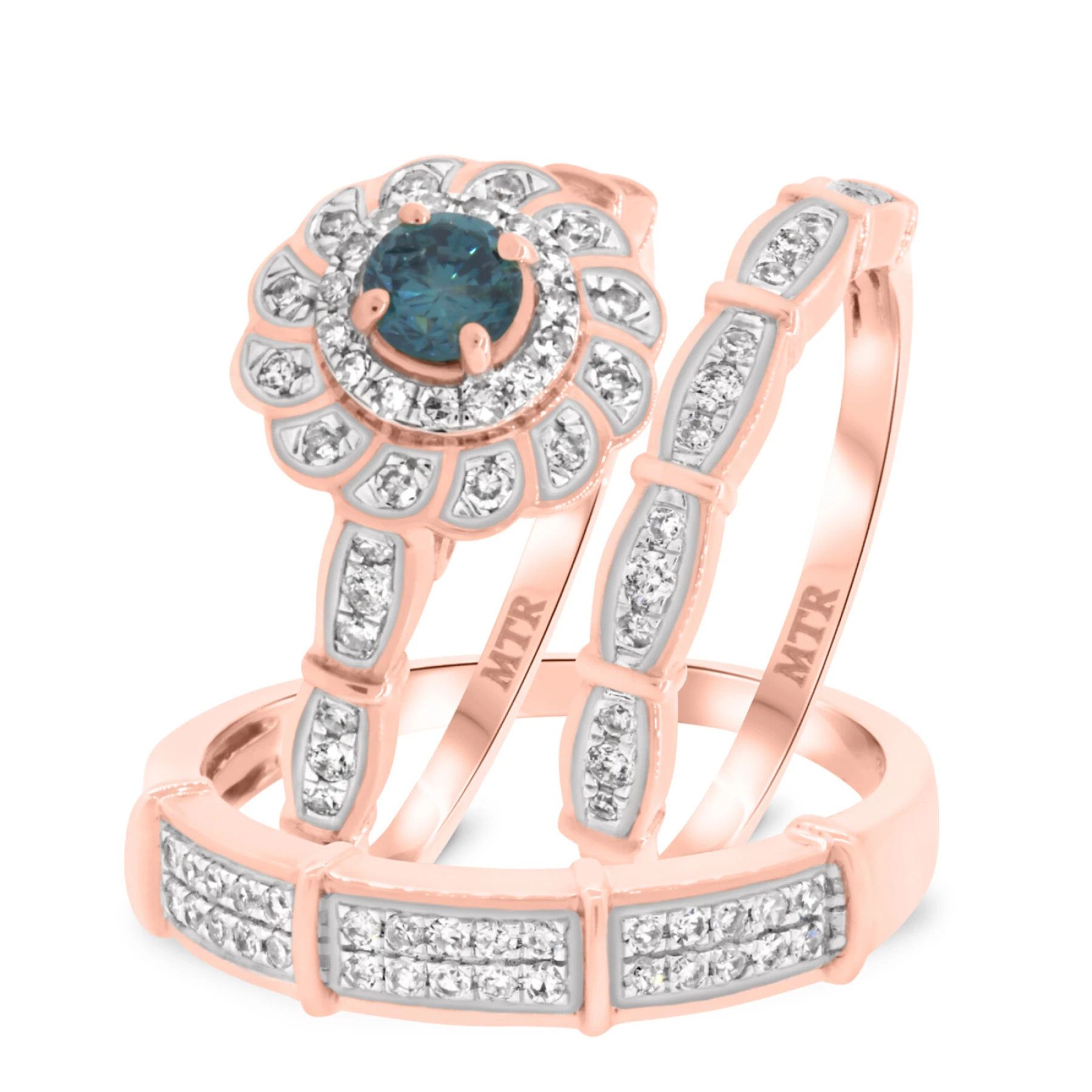 Xiamara 3/4 ct tw. Blue Diamond Round Solitaire Trio Set 10K Rose Solid Gold - view 1
