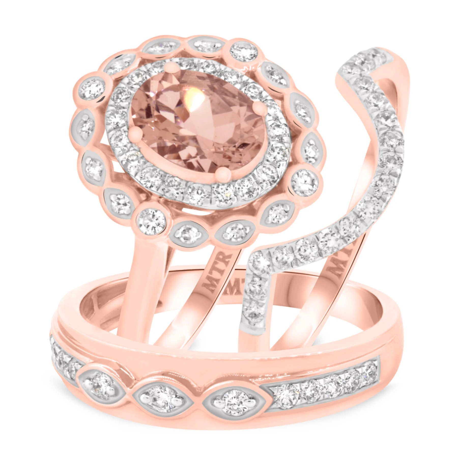 Nea 1 3/4 Carat T.W. Morganite and Diamond Trio Matching Wedding Ring Set