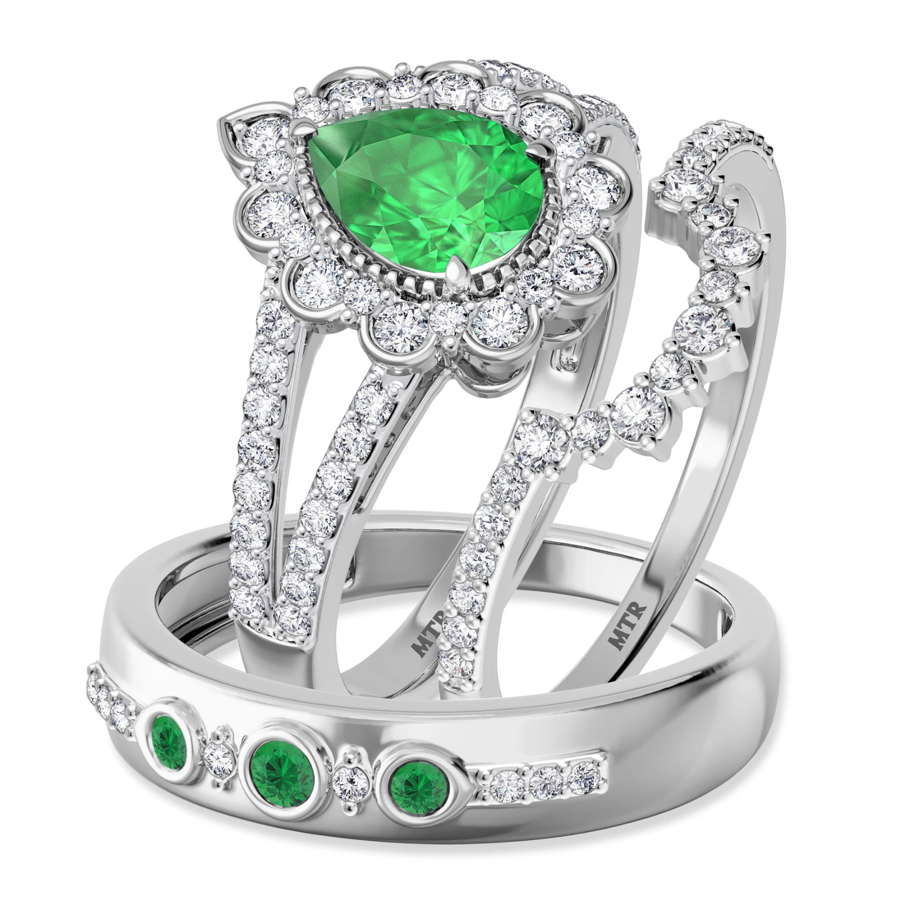 Kana 2 1/3 Carat T.W. Emerald and Diamond Matching Wedding Trio Set 14K White Gold Vermeil - view 1