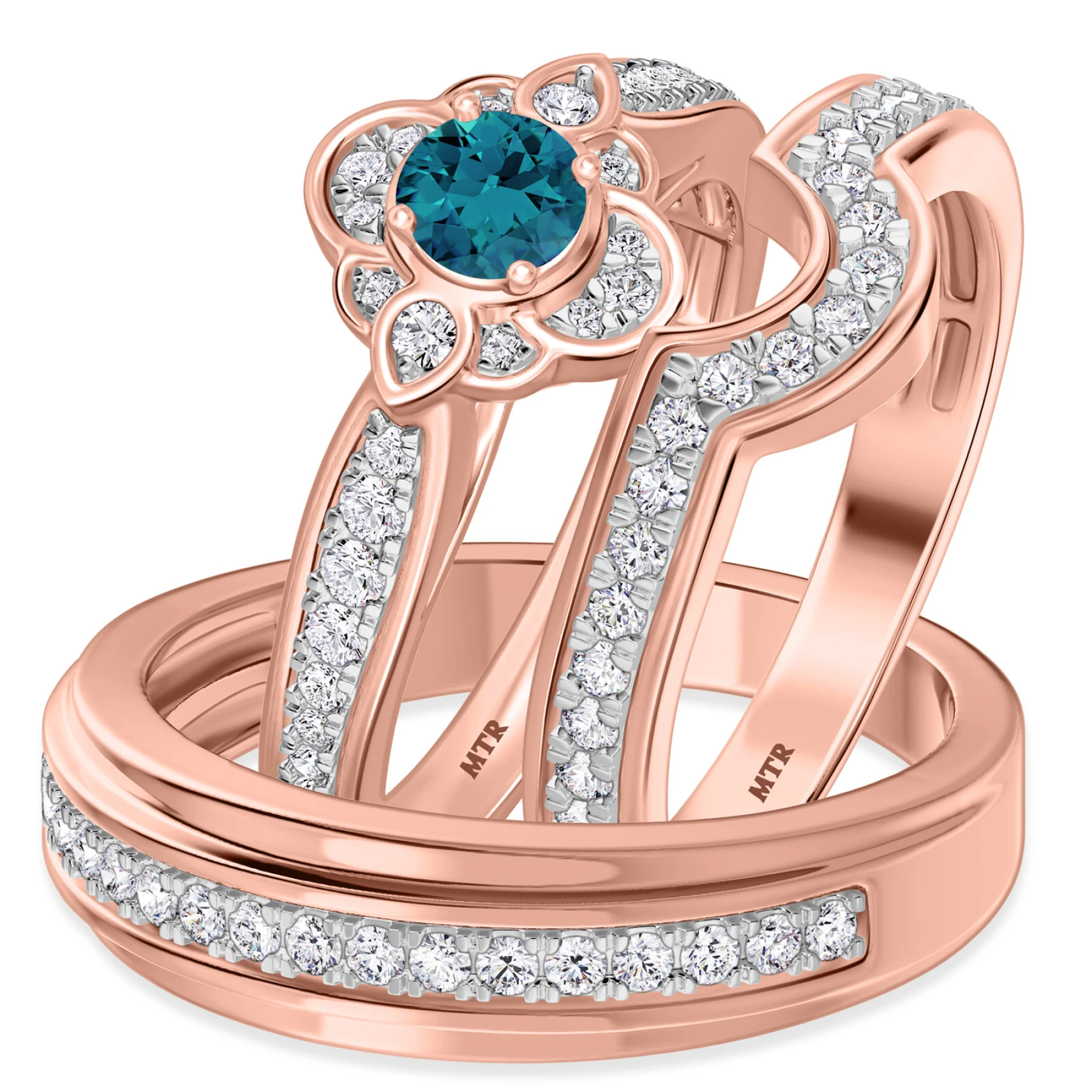 Salima 1 1/10 ct tw. Blue Diamond Round Solitaire Trio Set 14K Rose Solid Gold - view 1