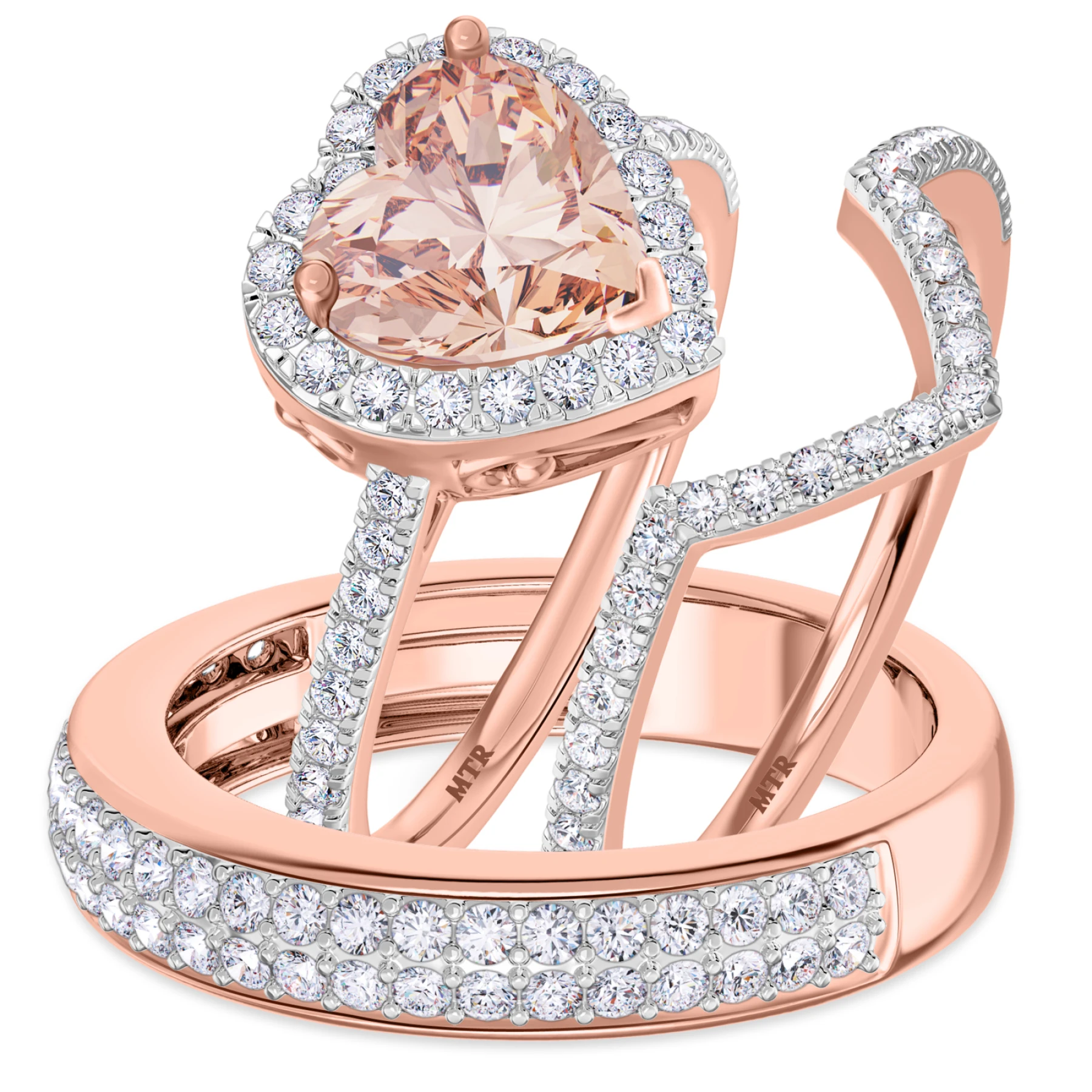 Amber 3 1/5 Carat T.W. Morganite and Diamond Trio Matching Wedding Ring Set