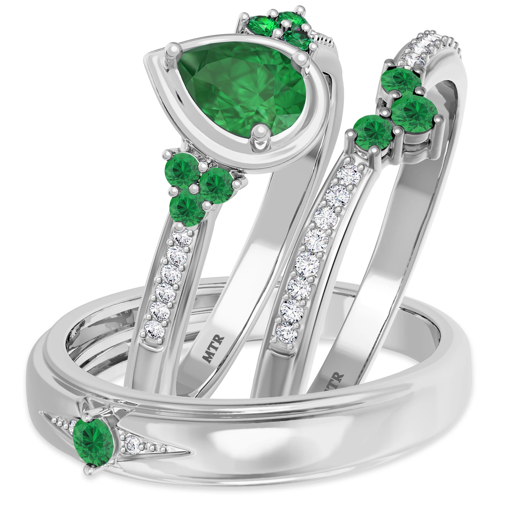 Abilia 1 1/5 Carat T.W. Emerald and Diamond Matching Wedding Trio Set 14K White Gold Vermeil - view 1