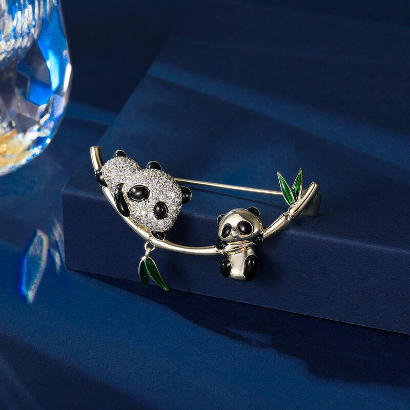 Juelvia "Have Fun" Mom and Baby Panda Design Brooch
