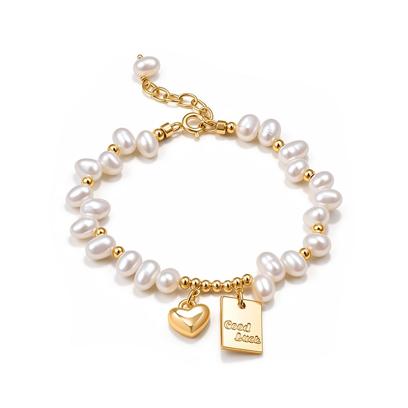 Vintage Gold Heart-Shaped Pendant Baroque Pearl Bracelet