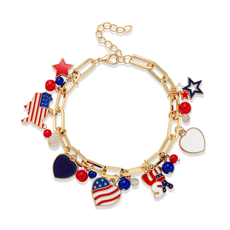 Patriotic Heart Star Pendant Charm Paperclip Bracelet