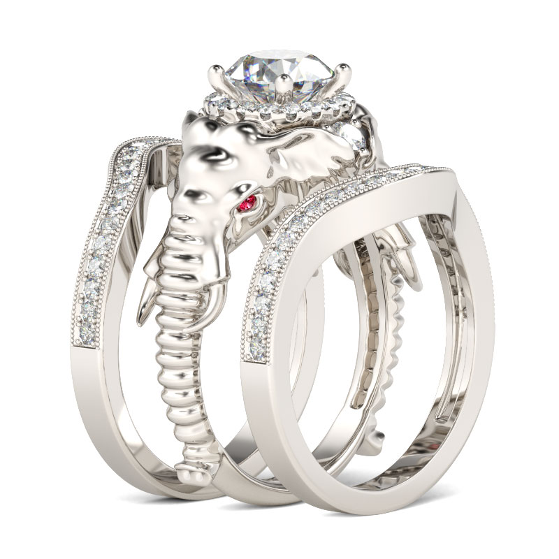 3PC Round Cut Sterling Silver Elephant Ring