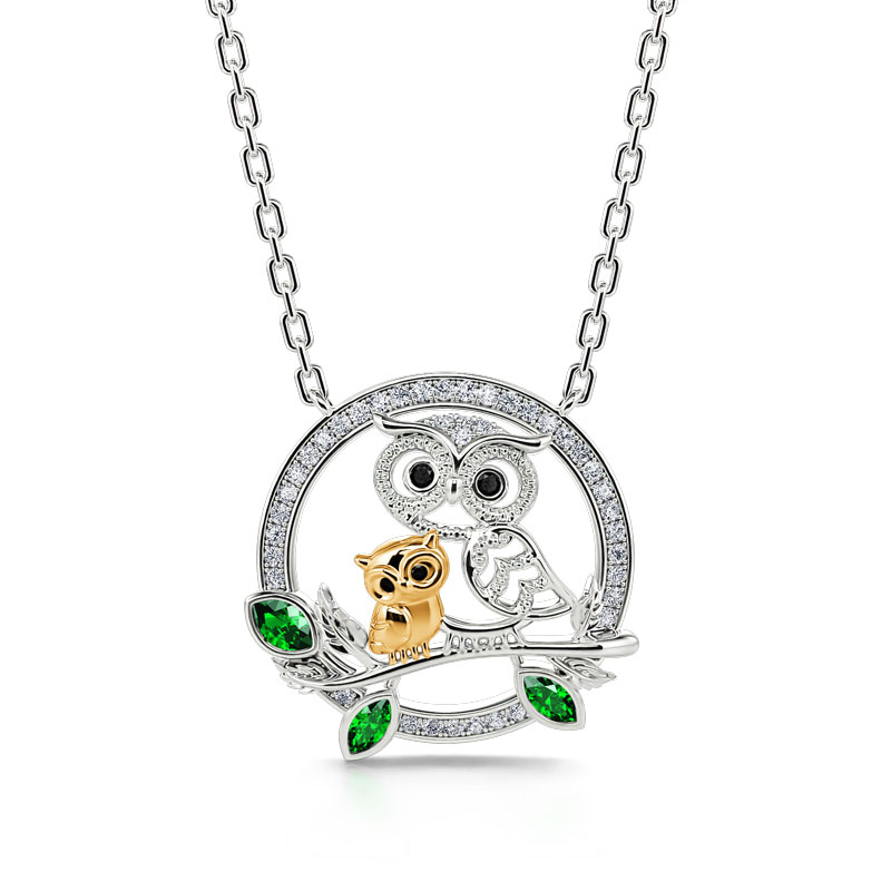 "Always by My Side" Mother and Baby Cute Owls Round Sterling Silver Necklace