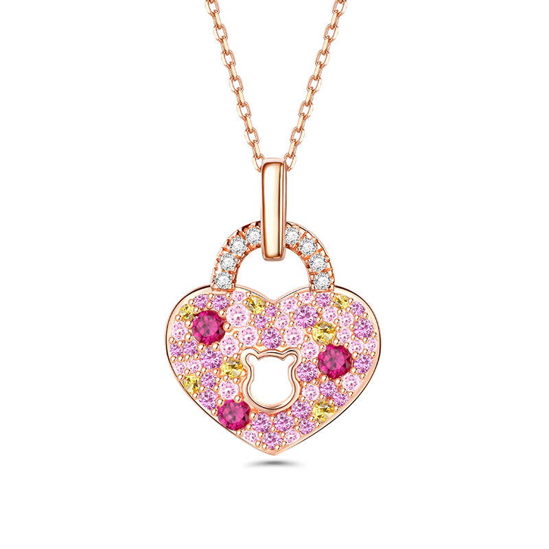 Multi-color Heart Lock Bear Keyhole Sterling Silver Necklace