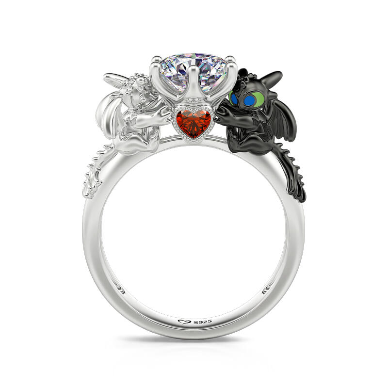 Hug Me "Strongest Romance" Dragon Couple Round Cut Sterling Silver Ring