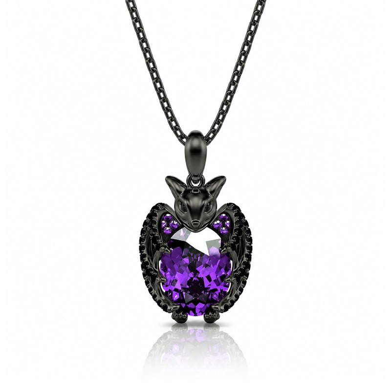 Hug Me "Kiss the Night" Black Bat Oval Cut Sterling Silver Necklace