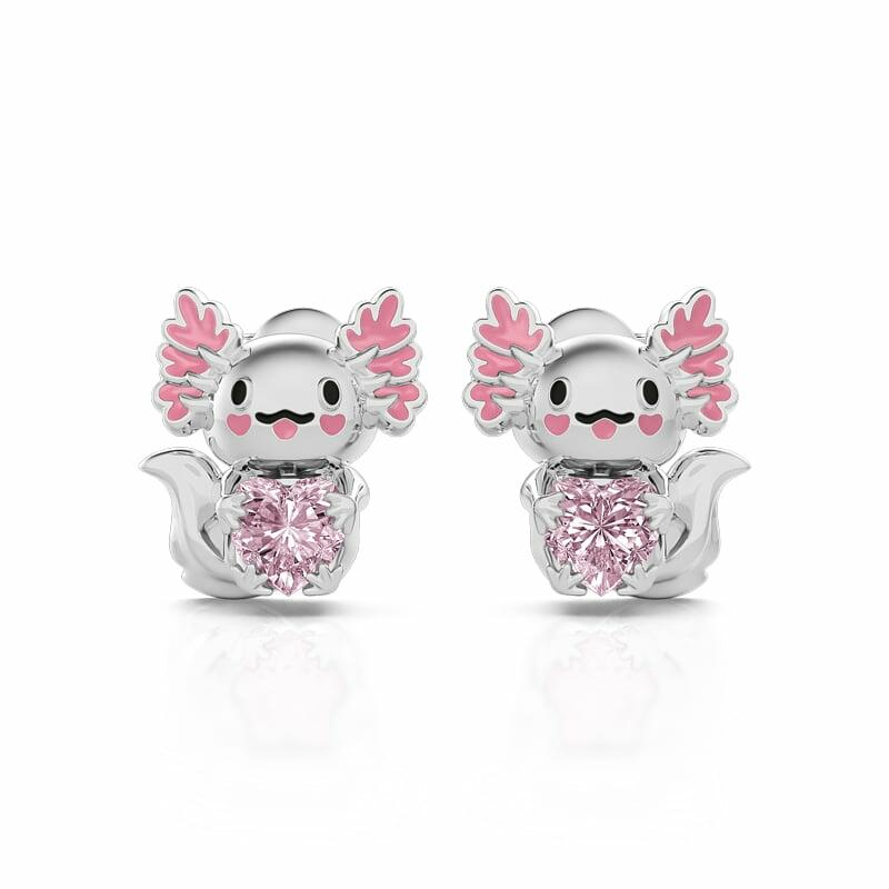 Hug Me "Super Cutie" Mexican Axolotl Enamel Sterling Silver Earrings