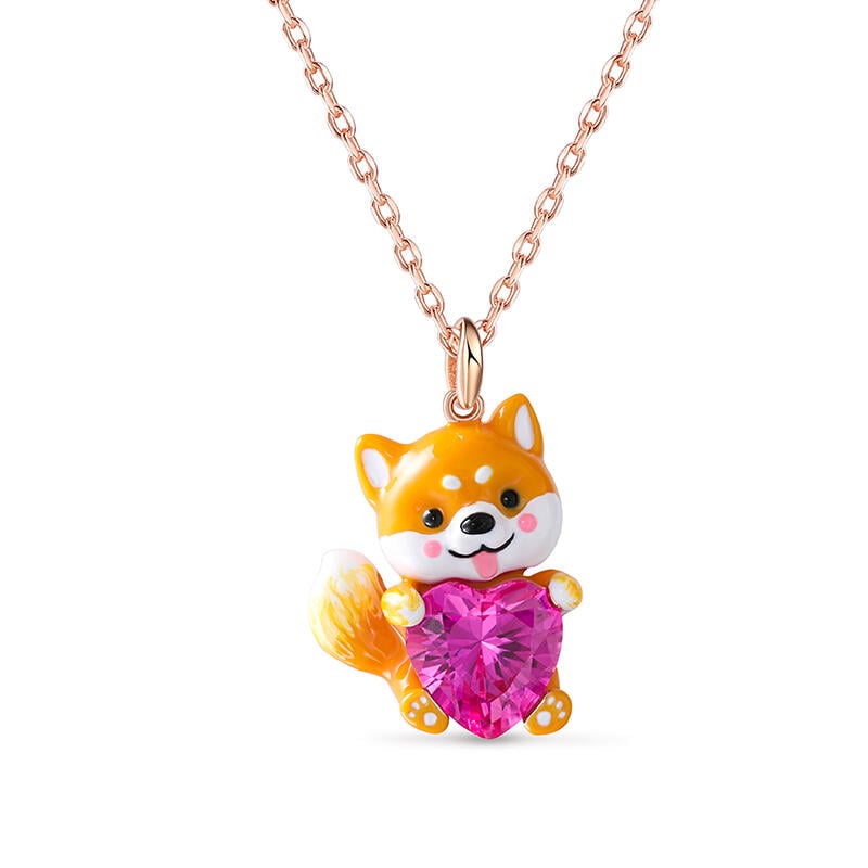 Hug Me "Smiling Shiba Inu" Heart Cut Sterling Silver Necklace