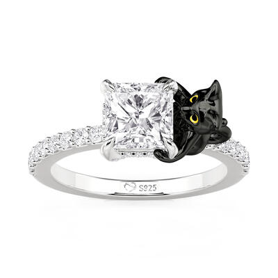 Juelvia Hug Me Black Cat Hidden Halo Ring Sterling Silver