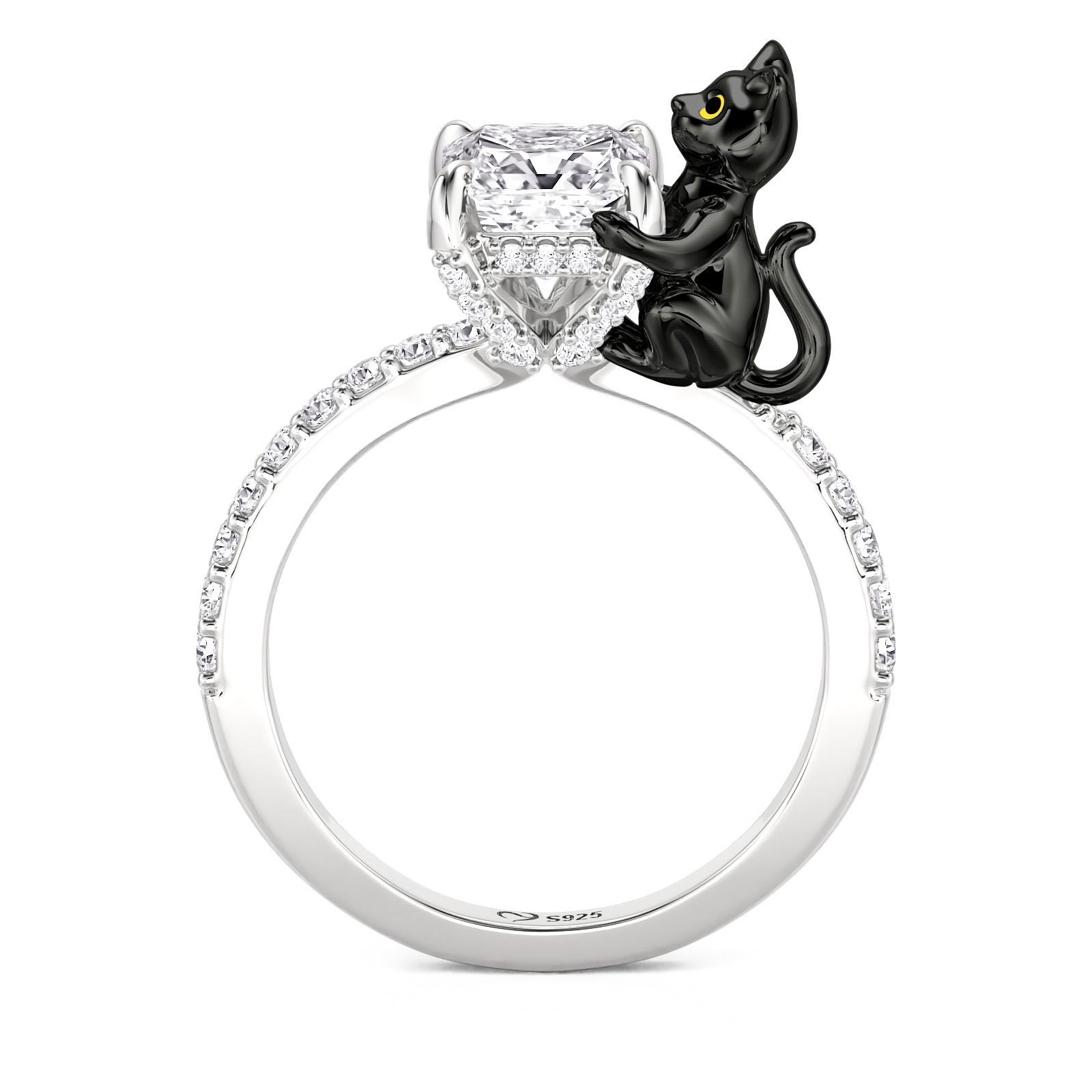 Juelvia Hug Me Black Cat Hidden Halo Ring Sterling Silver