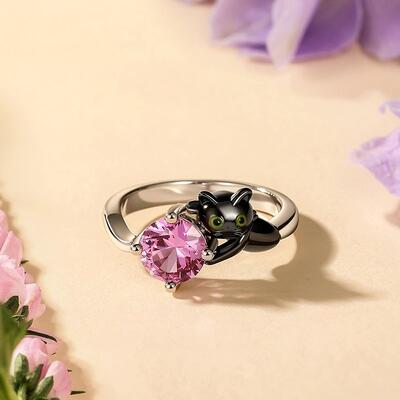 Juelvia Hug Me Black Cat Ring with Round Cut Purple Stone