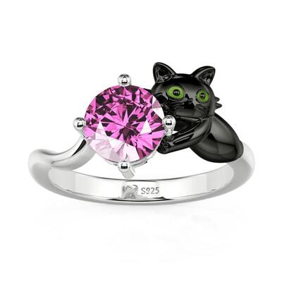 Juelvia Hug Me Black Cat Ring with Round Cut Purple Stone