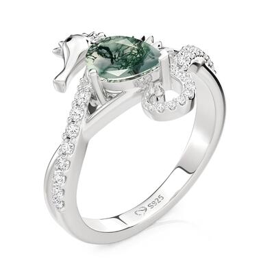 Juelvia Hug Me Moss Agate Seahorse Engagement Ring
