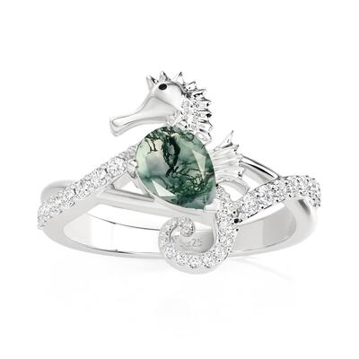 Juelvia Hug Me Moss Agate Seahorse Engagement Ring