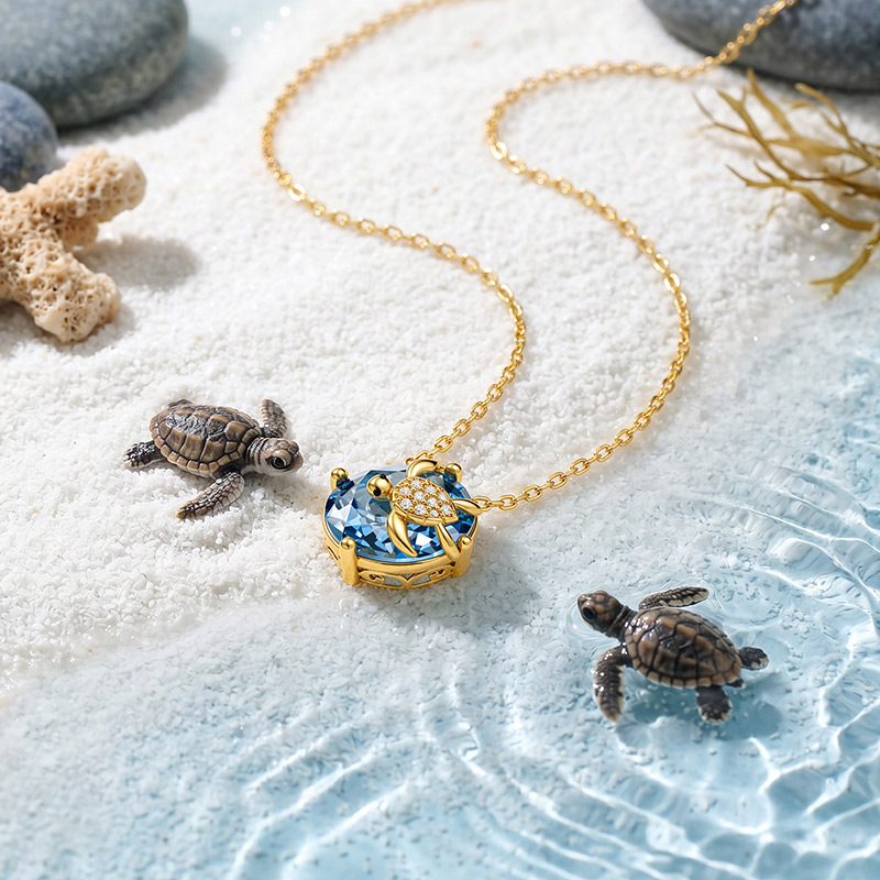 Juelvia Hug Me Turtle Custom Oval Cut Birthstone Necklace