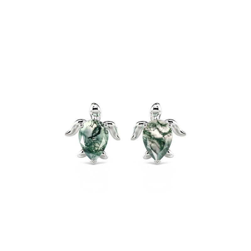 Sea Turtle Stud Earrings with Pear Cut Moss Agate