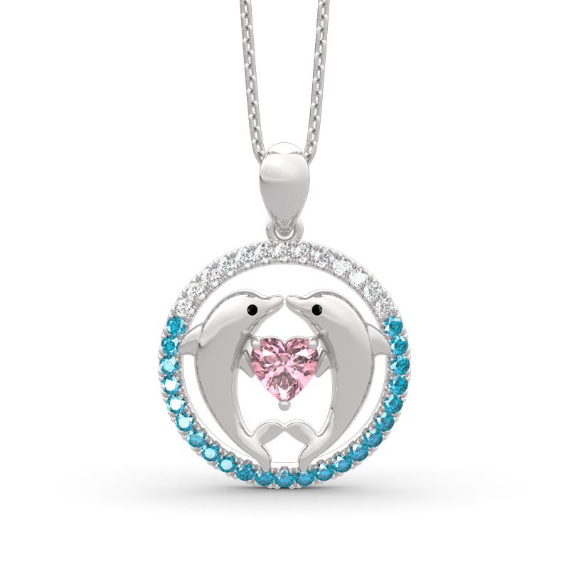 Two Dancing Dolphins Heart Cut Sterling Silver Necklace