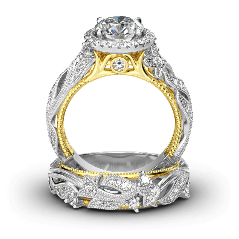 Halo Leaf Design Round Cut Sterling Silver Ring Set