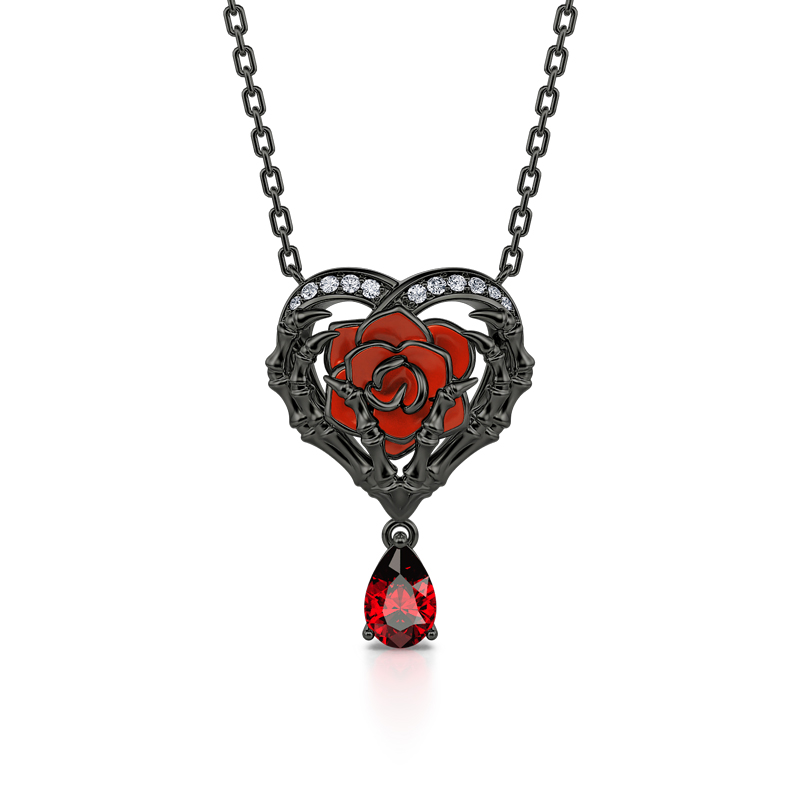 "Never Ending Love" Skeleton Hands & Rose Sterling Silver Necklace