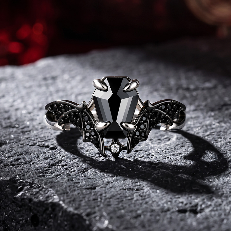 Until Death Gothic Black Coffin Cut Bat Wing Ring