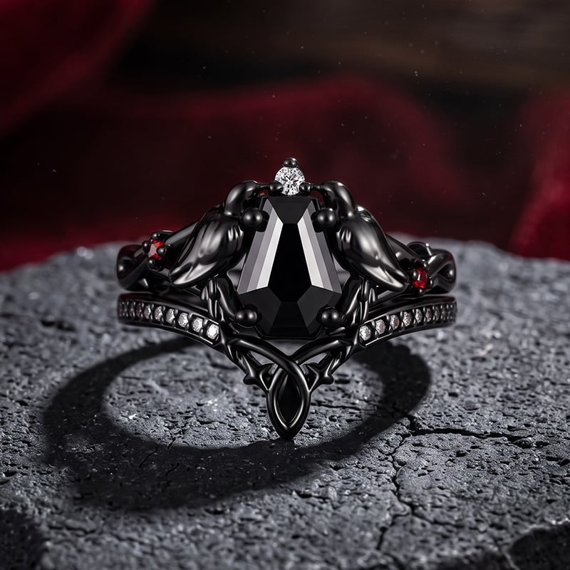 Until Death Gothic Black Coffin Cut Raven Ring Set 2PCS