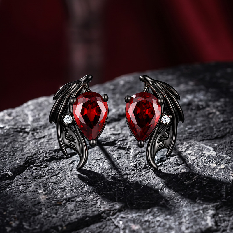 Until Death Gothic Red Teardrop Bat Wing Stud Earrings