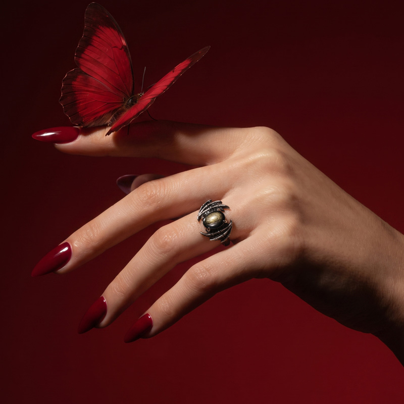 Juelvia Until Death Gold Sheen Obsidian Demon's Eye Guardian Ring