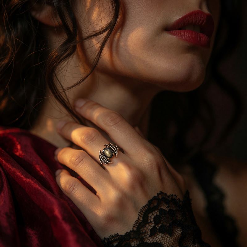 Juelvia Until Death Gold Sheen Obsidian Demon's Eye Guardian Ring