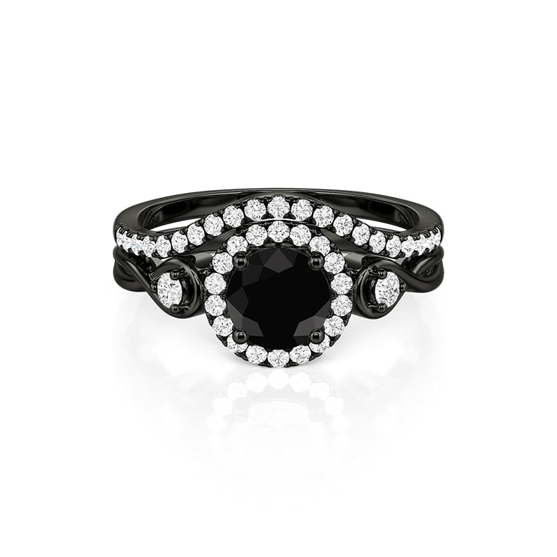 Black Twist Infinity Halo Round Cut Bridal Ring Set