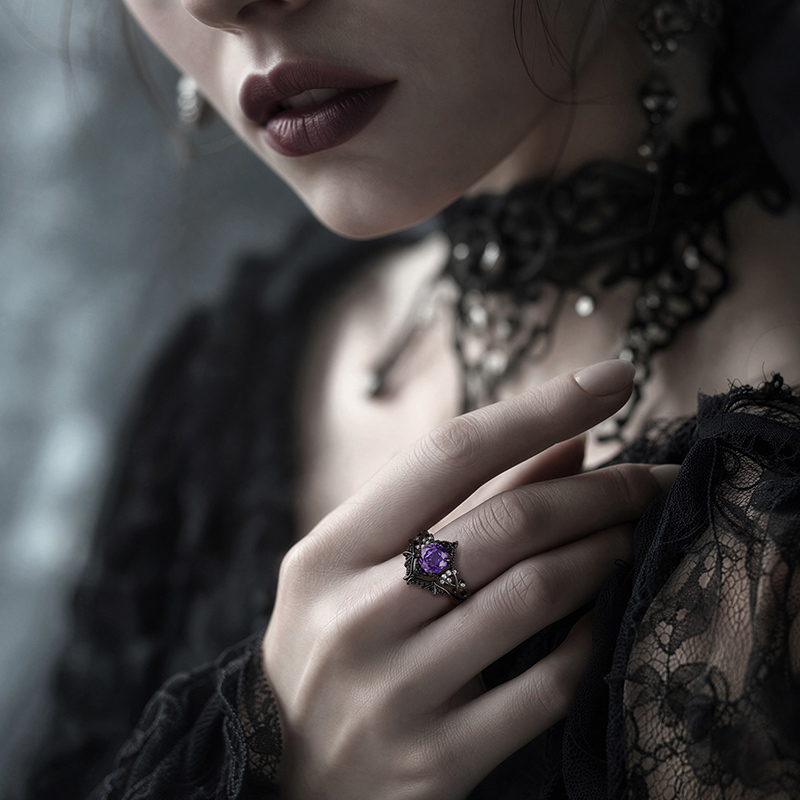 Juelvia Until Death Purple Rose Cut Hexagon Bat Wing Ring Set