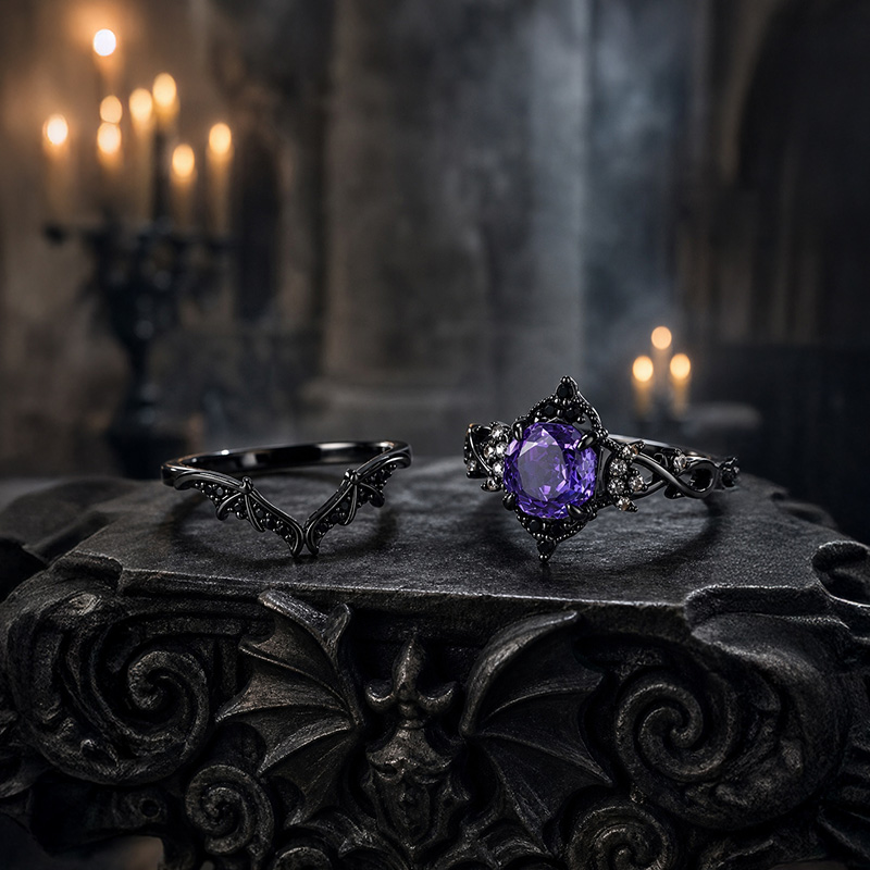 Juelvia Until Death Purple Rose Cut Hexagon Bat Wing Ring Set