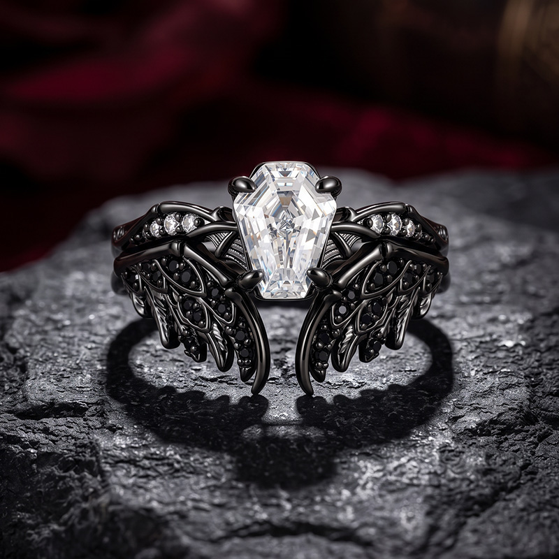 Juelvia Until Death Gothic Coffin Cut Feather Wing Ring Set - view 1
