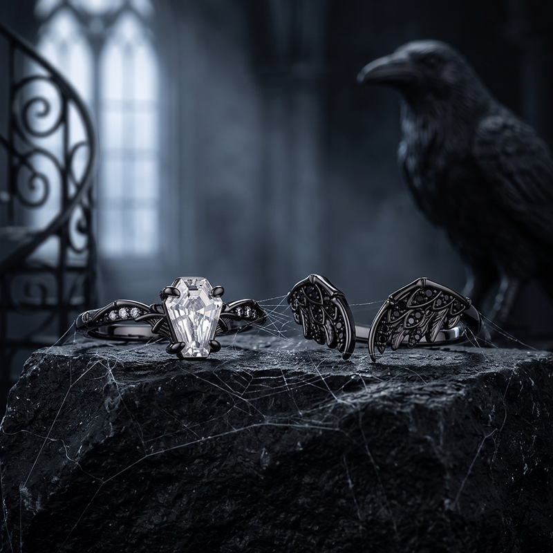 Juelvia Until Death Gothic Coffin Cut Feather Wing Ring Set
