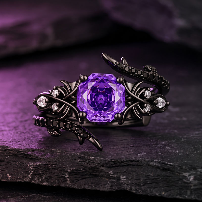 Until Death Purple Rose Cut Bat Wing Bridal Ring Set