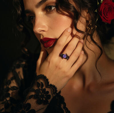 Juelvia Until Death Purple Rose Cut Bat Wing Bridal Ring Set
