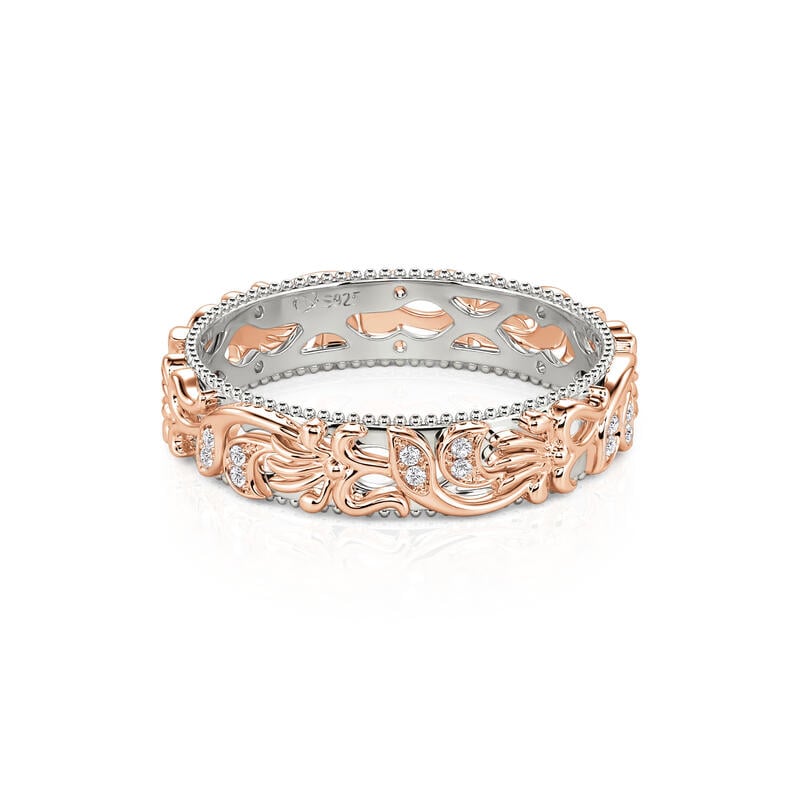 Two Tone Floral and Leaf Carved Unique Sterling Silver Women's Band
